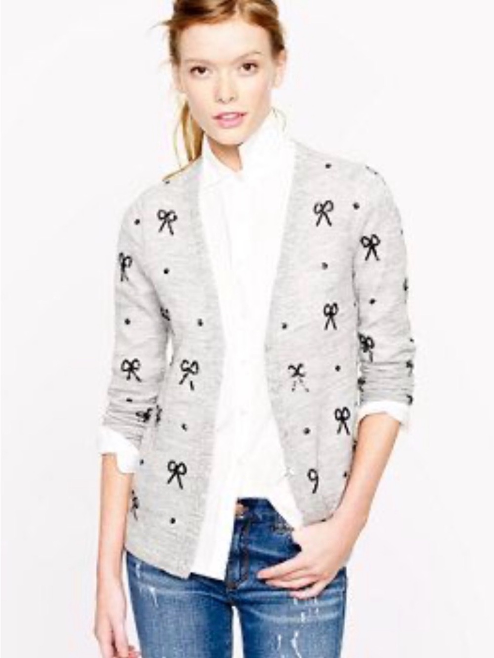 J. Crew Light Gray Bow-Print Open Cardigan